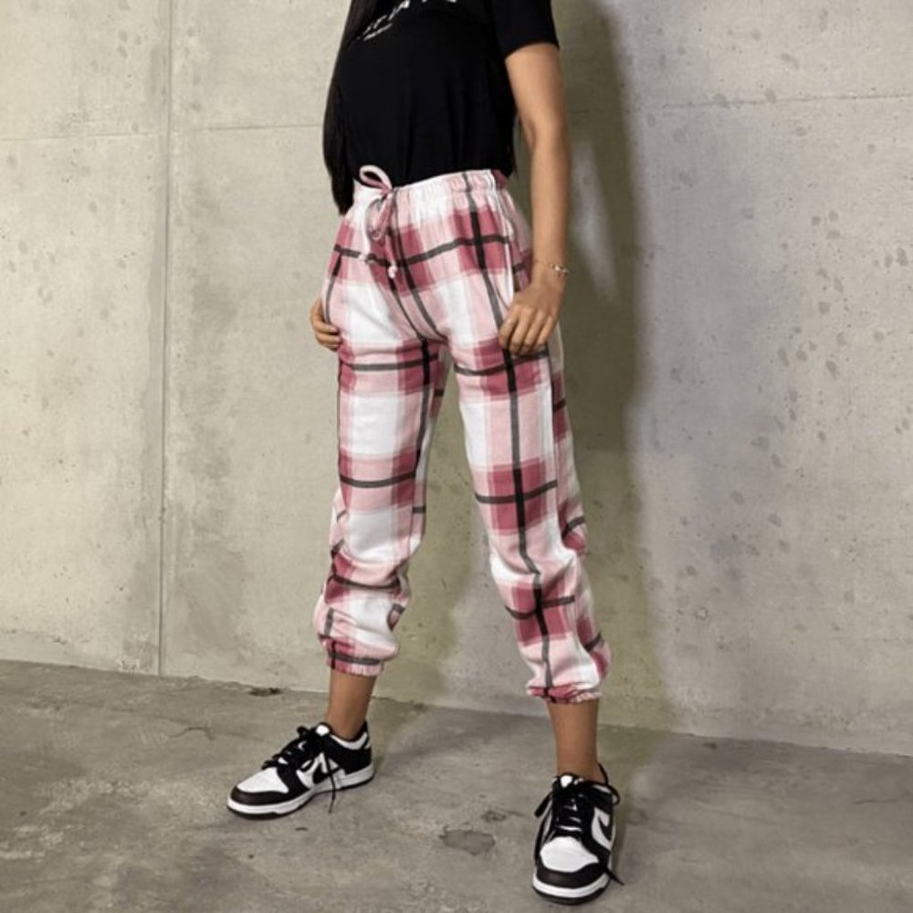 Pink Plaid Check High Waist Loose Fit Joggers Jogger Pants - Picture 8 of 12